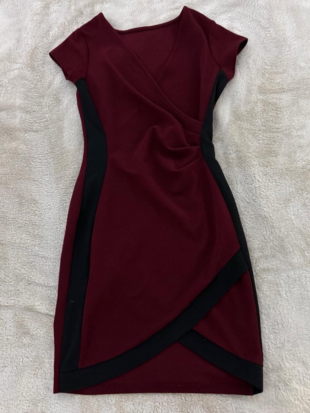 Women’s Burgundy Wrap-Style Midi Dress with Black Accents